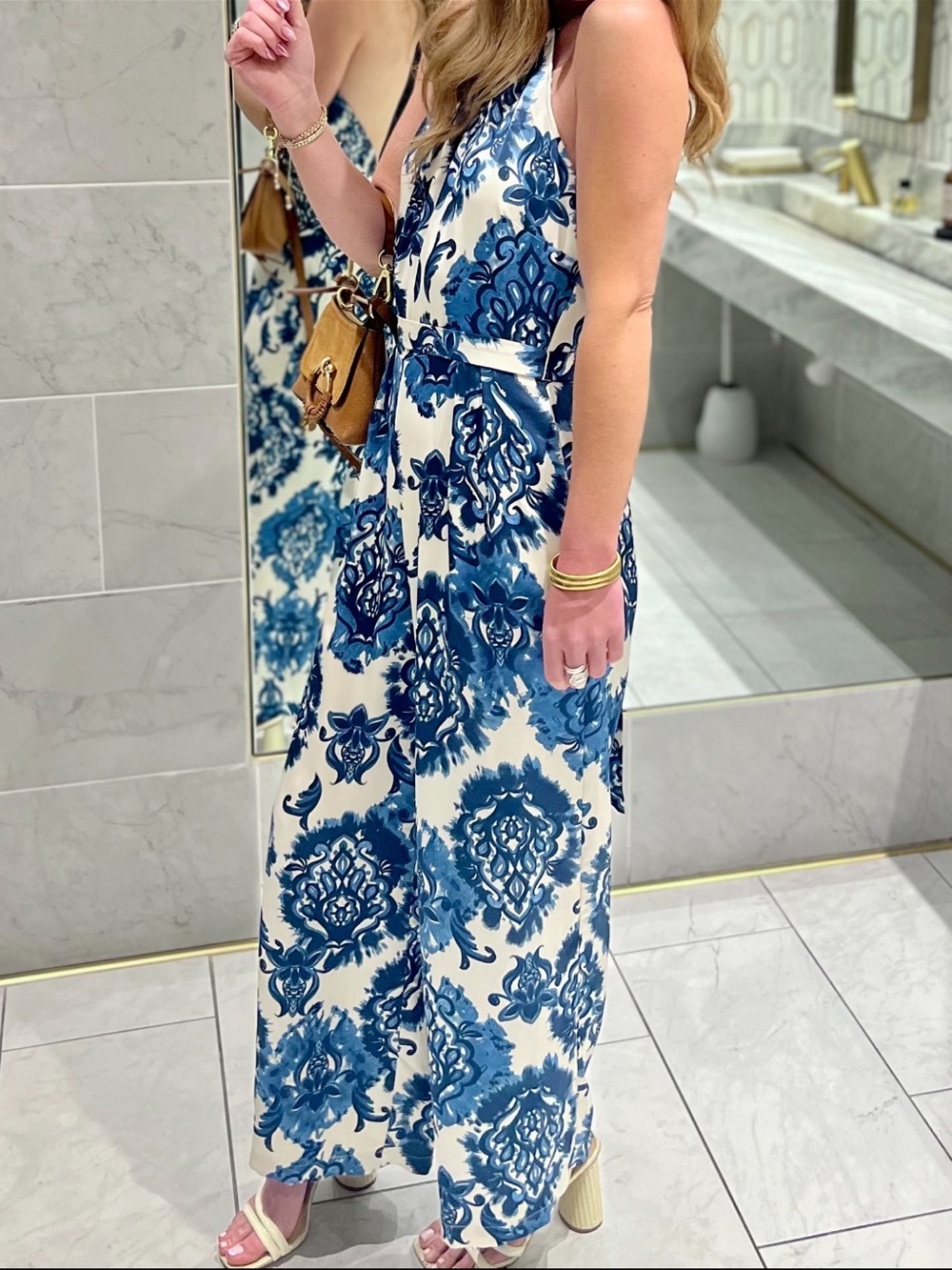Blush Blue and White Backless Halter Maxi Dress